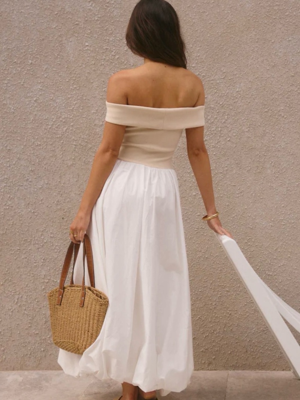 Off-Shoulder Cream and White Midi Bubble Dress - Picture 2 of 3